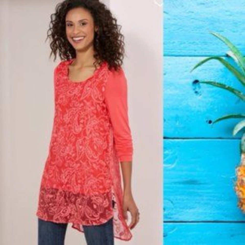 NWT 
Soft Surroundings 100% Silk Adele Overlay Poppy Tunic Medium